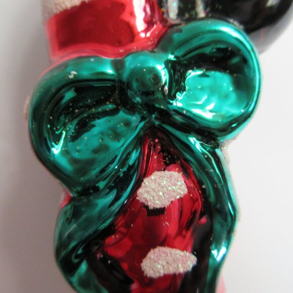 Striped Candy Cane with Gren Bow Glass Christmas Ornament Vintage 4" - Picture 5 of 9